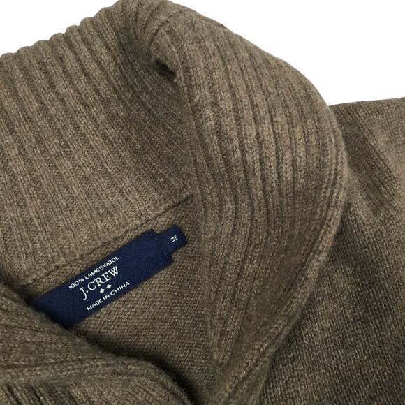 J. Crew Sweater 100% Lambswool Shawl Collar Mens Medium Brown Ribbed Trim Button - Picture 2 of 9